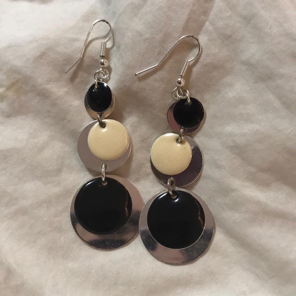 Dangling black cream and silver earrings